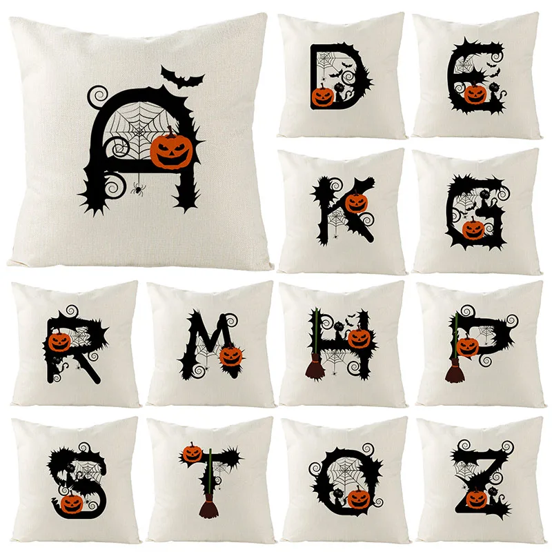 

Halloween Cushion Cover 45x45cm Black Letters Linen Throw Pillows Pumpkin Bat Decorative Pillowcases for Sofa Cushion Home Decor