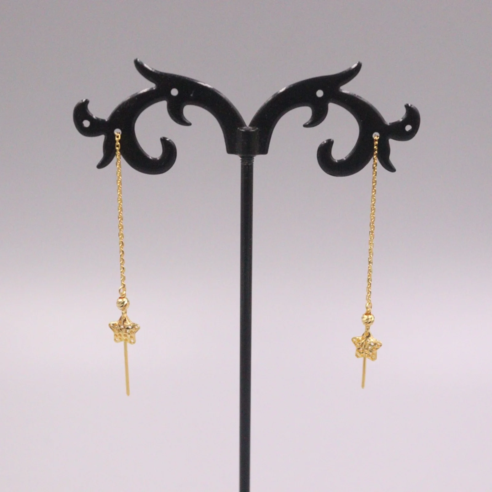 

Pure 18K Yellow Gold Earrings Women Gift Hollow Star O Link Chain Dangle Earrings / 1.4g