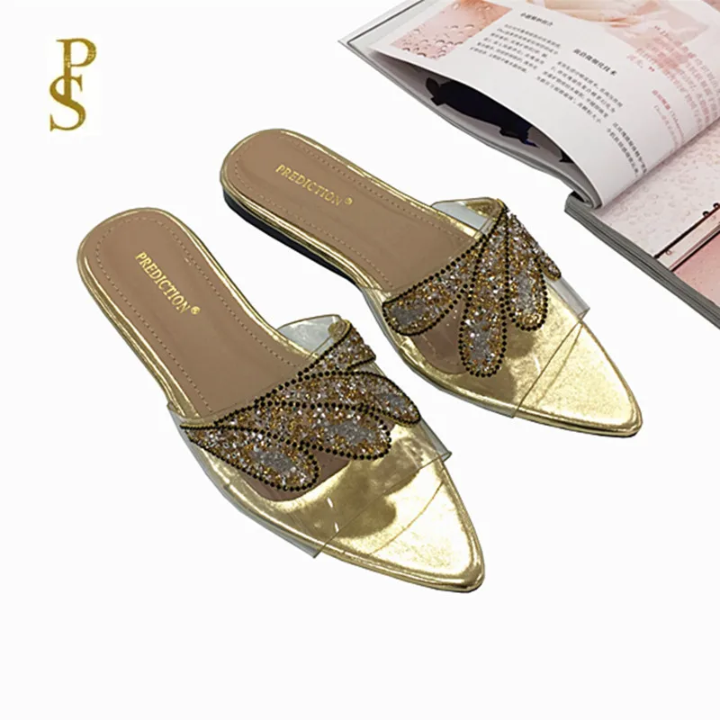 Женская обувь расшитая кристаллами с острым носком Женские шлепанцы блестящими