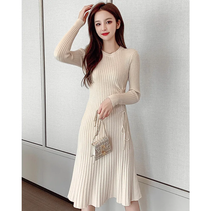 

Korean Elegant Autumn Winter Knitted Sweater Women Dress French Vintage Long Sleeve Drawstring Female Midi Dresses Vestido Mujer