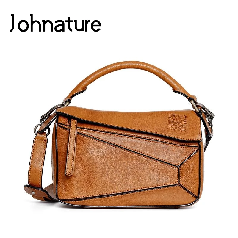 

Женская винтажная сумка на плечо Johnature, сумка-мессенджер из натуральной воловьей кожи с геометрическим узором и прострочкой, 2021