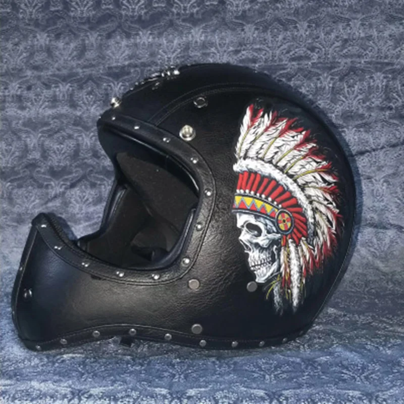

PU Leather Moto Helemt Motocross Capacete Vintage Helmet Full Face Motorcycle Helmet Accessories Red Punk Retro Scooter Helmets
