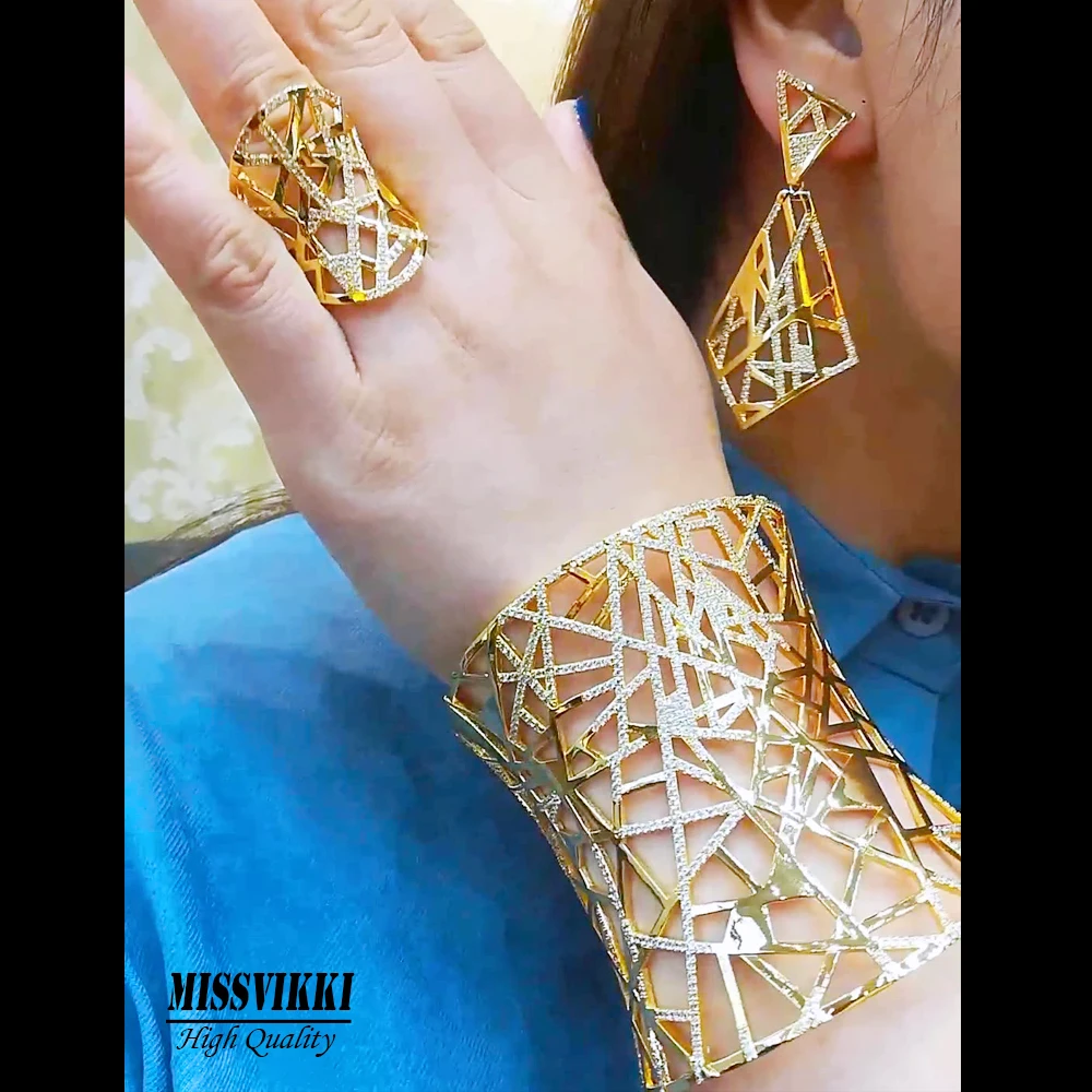 

missvikki Luxury Noble BOHO hollow carving 3 PCS Earrings Bangle Ring Wide Bracelet for Bridal Women Wedding Jewelry 2021 New
