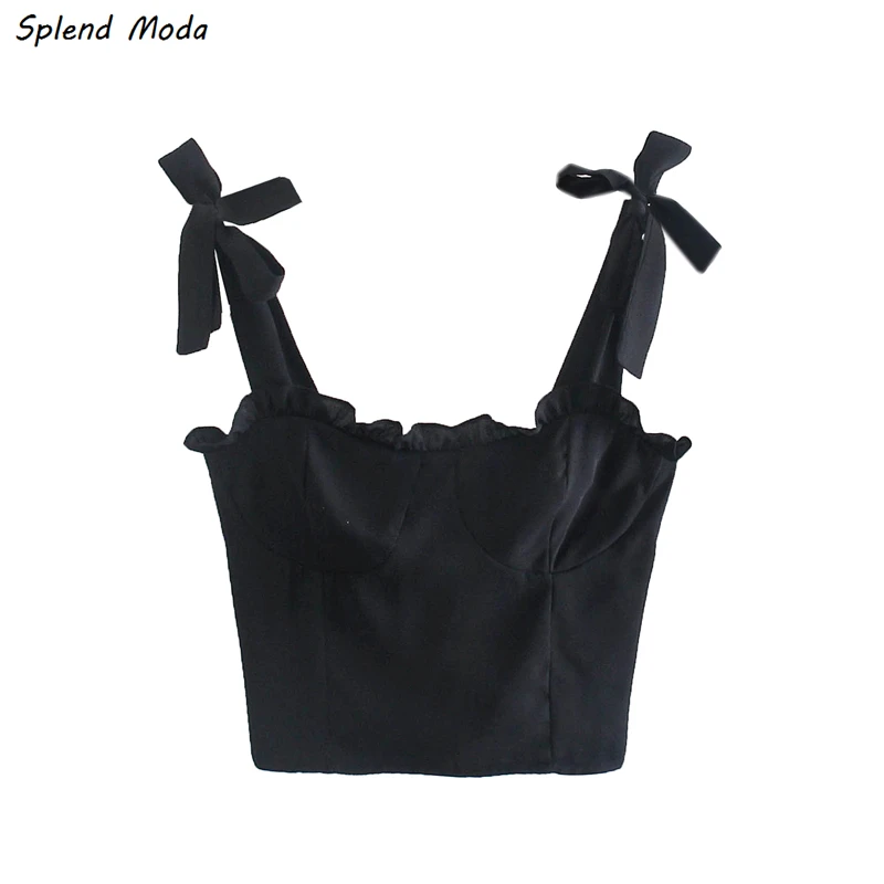 

Lace-up Slim-Fitting Edible Tree Fungus Folds 2021 Summer New Women Black Elastic Sling Ruffle Camisole Crop Top Zipper