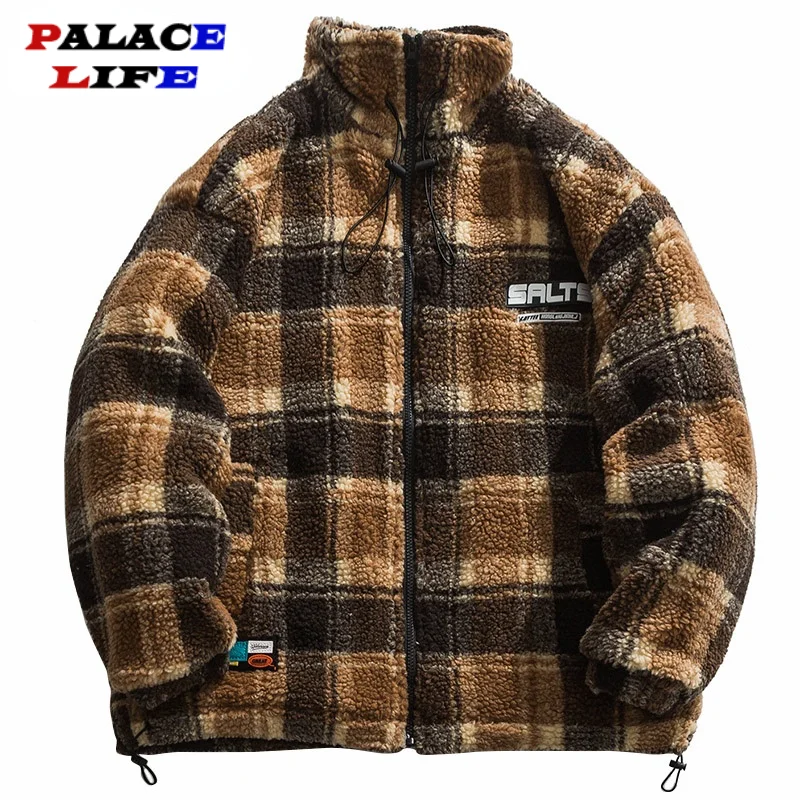 

Hip Hop Streetwear Furry Jacket 2021 Men Harajuku Plaid Embroidery Letter Jacket Coat Cotton Fleece Autumn Winter Outwear Jacket