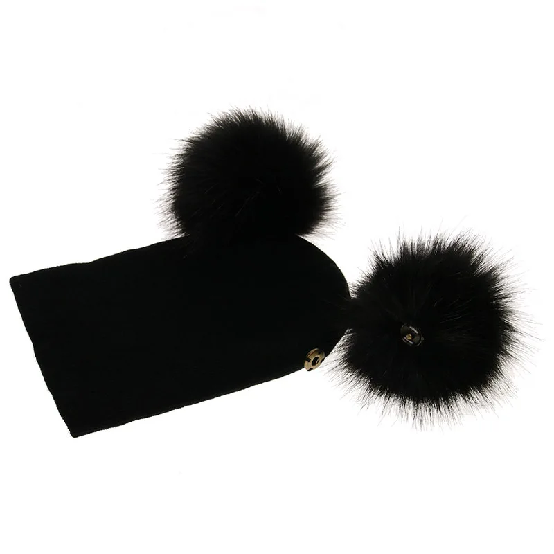 

Kids Warm Winter Caps Double Fur Pom Pom Beanie Wool Knitted Hat For Baby Boys Girls Pompom Raccoon Balls Beanie Cap Bonnet mut