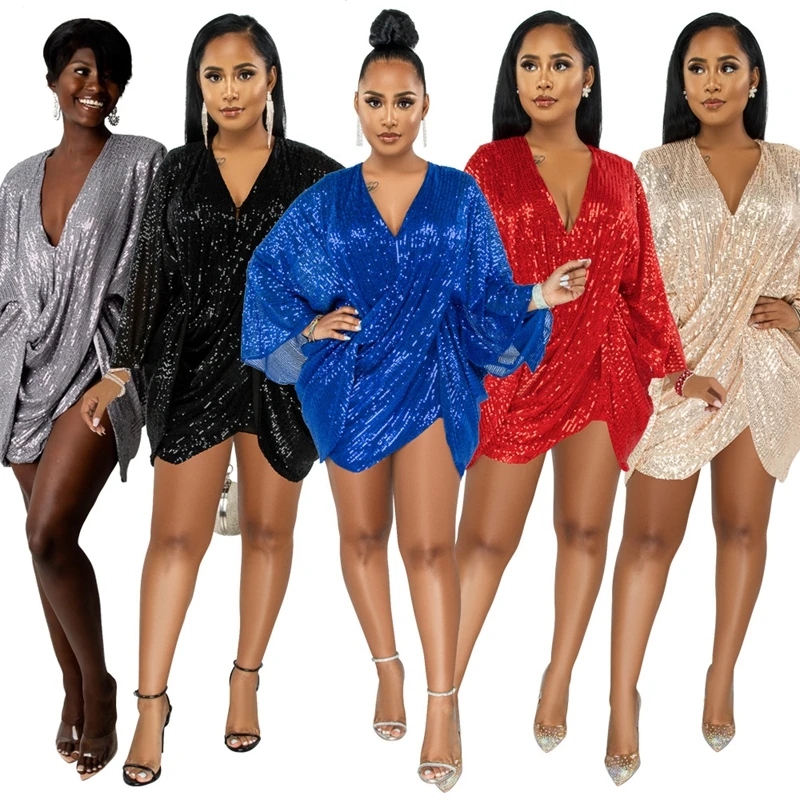 

Sparkly Sequin Pleated Mini Dress Deep V Neck Backless Sexy Irregular Bodycon Slit Short Christmas Birthday Dress Nightclub Wear