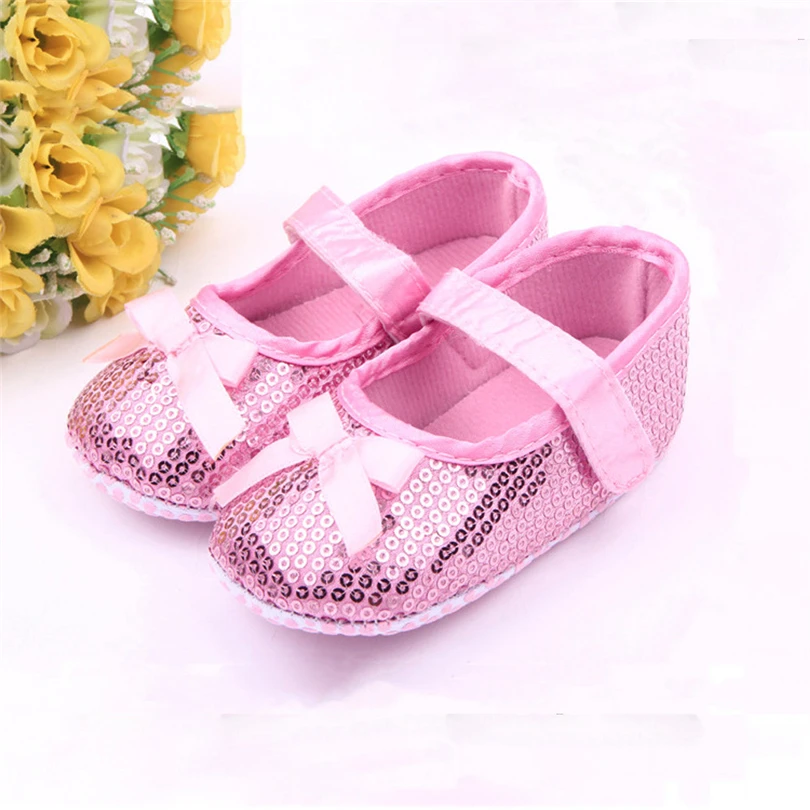 Легкие туфли с блестками и бантом для новорожденных девочек модные однотонные