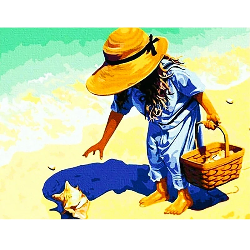 

Framed Oil Painting By Numbers Girl picking up seashells Picture By Number Diy Gift HandPainted On Canvas For Home Decor Artcraf