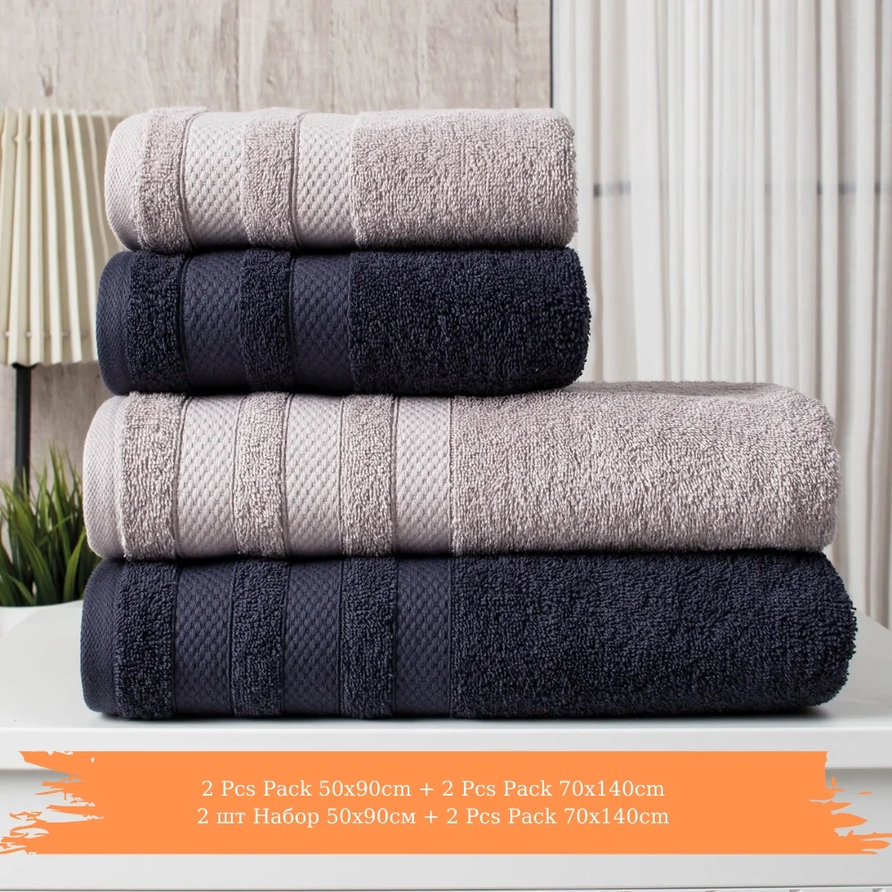 

4Pcs (50x90cm+70x140cm) %100 Cotton Face Towel, Plain Dyed, White&Blue Solid Woven Unisex Super Absorbent Soft Home Textile 2021