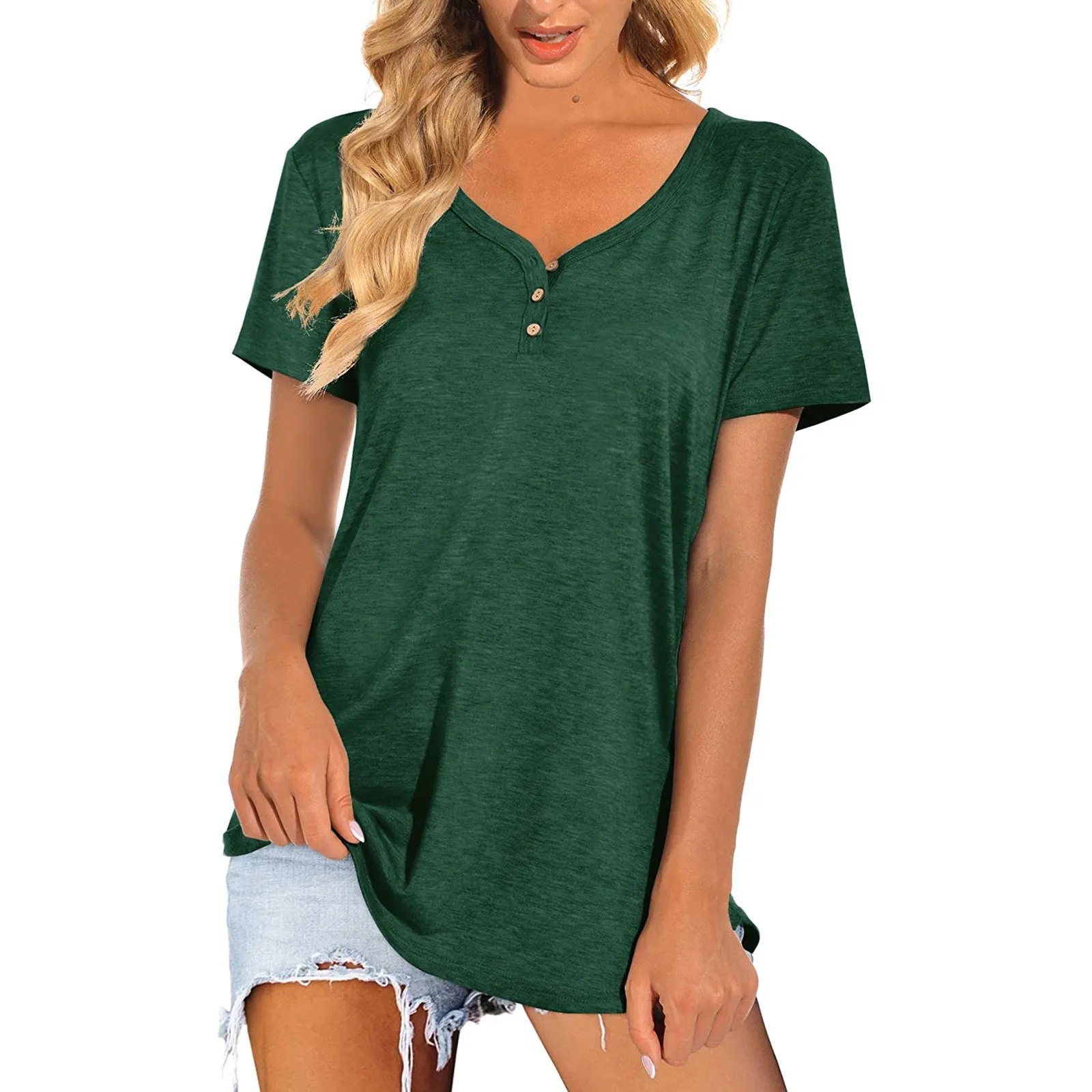 

Womens Casual Short Sleeve Loose T-shirts Solid Color Button Pleated Tunic T-shirt V-neck Female Summer T-shirt Camiseta #T1G
