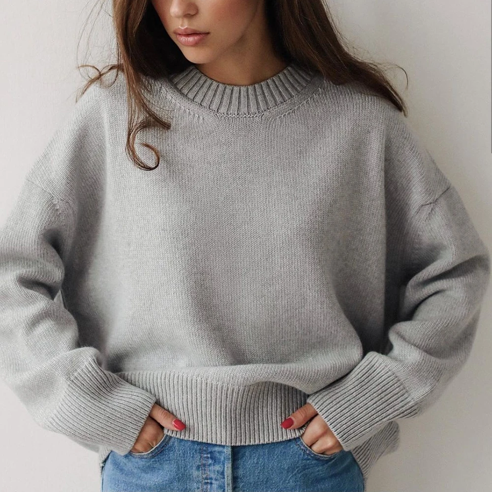 

Elegant Khaki Women's Sweater O-Neck Loose Basic Soft Autumn Winter Pullover High Street Style Long Sleeve Solid Knitted Sweater