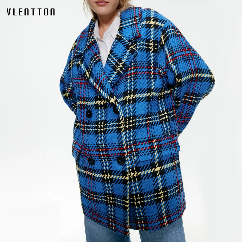 Женский шерстяной твидовый пиджак Винтажный Длинный блейзер в клетку с