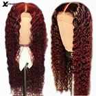 Цветной 13x4 V часть бордовый Синтетические волосы на кружеве парики из натуральных волос на кружевной эффектом деграде (переход от темного к 99J бразильские волнистые парик человеческих волос бесклеевой цвет красного вина 99j парик