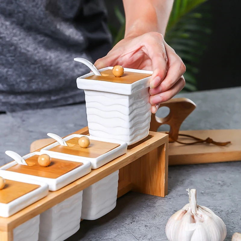 Набор из 4 фарфоровых банок для специй с воздухонепроницаемая крышка кухонная