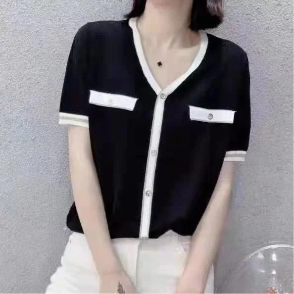

2021 Summer New Korean Fashion Knitted Cardigan Short Sleeve Women's T-shirt Loose V-neck Ice Silk Tops Shirts Black Harajuku