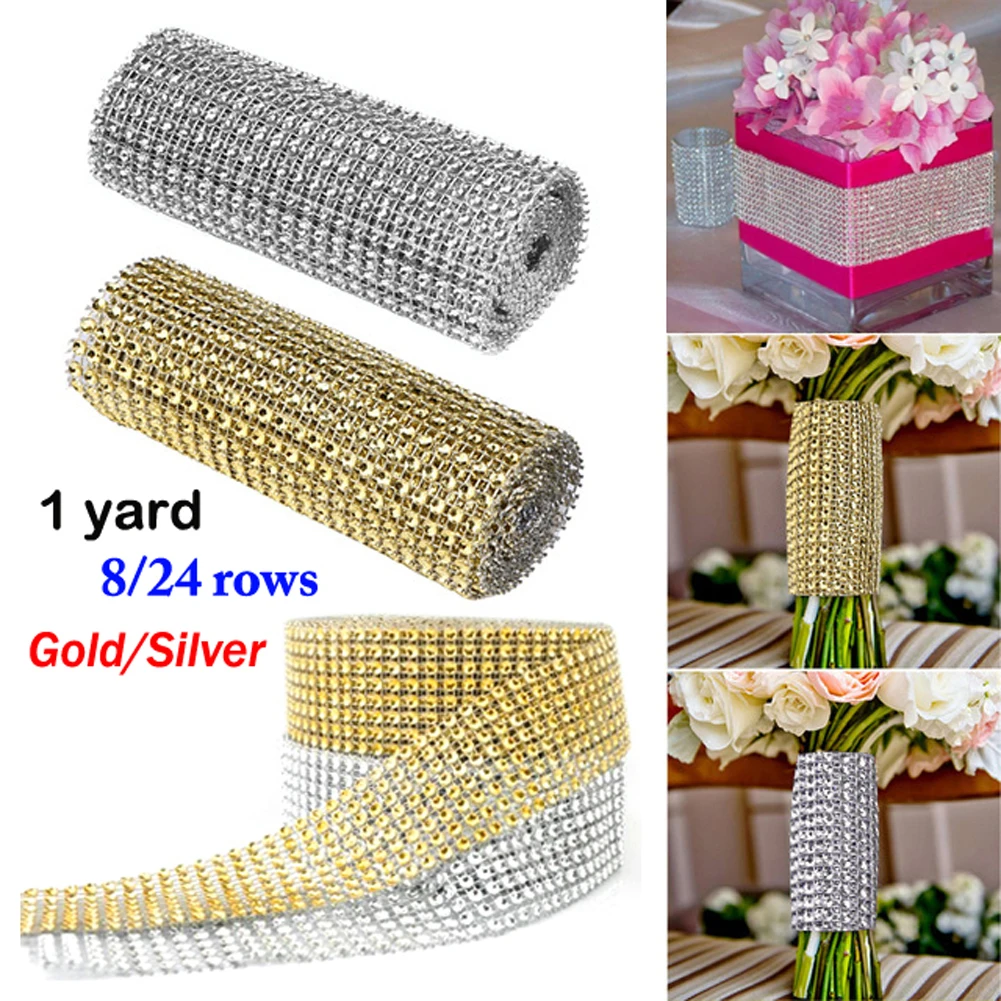 

1 Yard 8/24 Rows Gold Silver Rhinestones Wrap Diamond Mesh For Xmas Wedding Diamond Mesh Ribbon Party Decor Napkin Rings Dinner