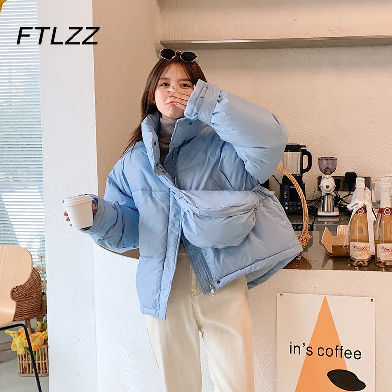 

Winter Warm Short Parkas Women Stand Collar Oversize Cotton Padded Jacket Korean Fashion Loose Blue Puffer Coat Outwear