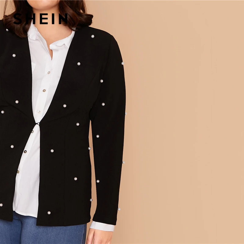 SHEIN плюс размер черный крючок и глаз жемчуг бисером блейзер для женщин Осень Slim Fit длинный рукав элегантный плюс блейзеры