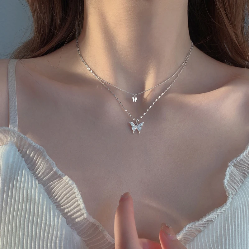 

S925 Sterling Silver Shiny Butterfly Tassel Necklace for Women Double Layer Female Pendant Clavicle Chain Wedding Party Jewelry