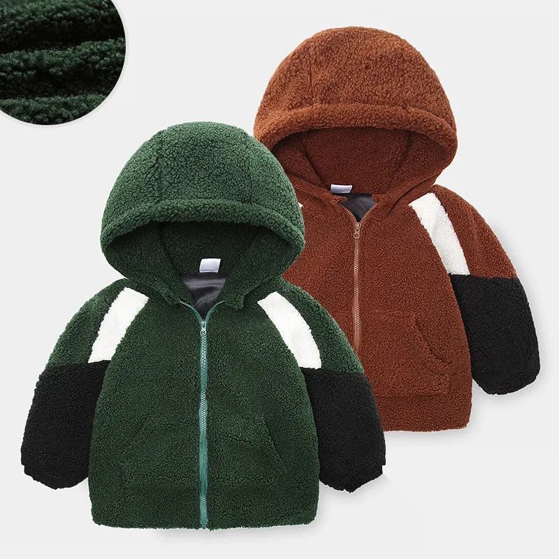 

2021 New Patchwork Winter Lamb Wool Coat for Boys Kids Plus VelvetJackets for 2-8 Years Olds Thicken Fleece Pockets Coats