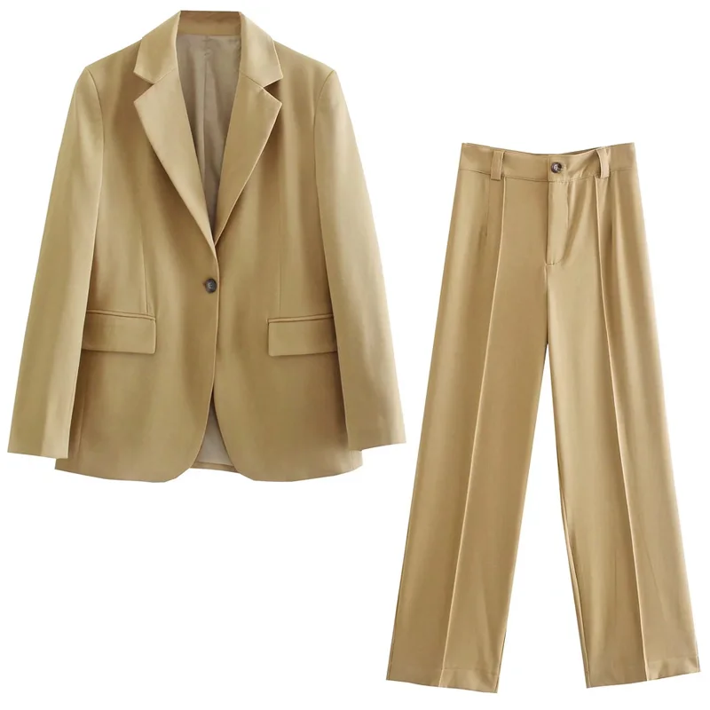 

Women Fashion One Button Blazer Coat Vintage Long Sleeve Flap Pockets Female Outerwear And High Waist Casual Pants Chic Sets