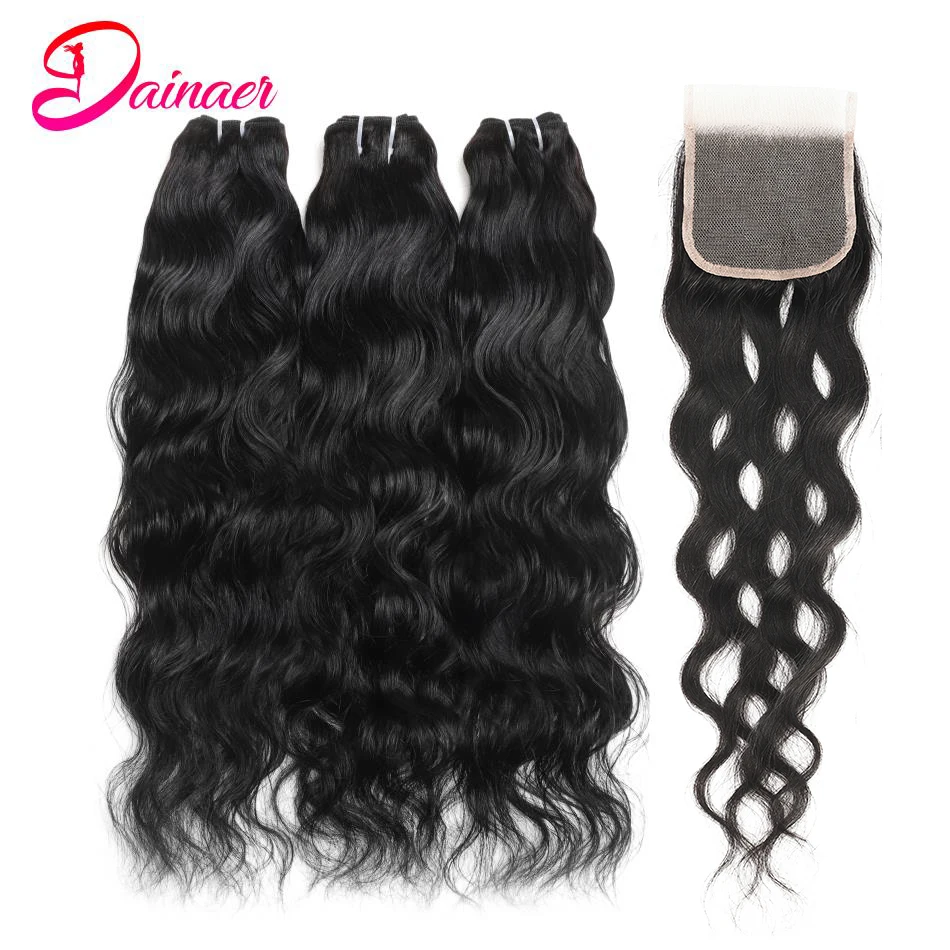 Natural Wave Bundles With Closure 3 Bundles With 4x4 Closure Human Hair Weave  Bundles With Closure Hair Extension Remy Hair