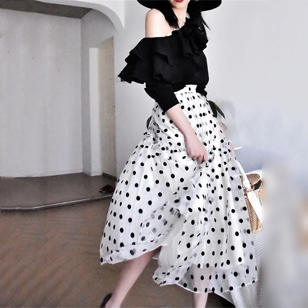 Женская юбка в горошек весенне зимняя Пышная А силуэта с высокой талией и