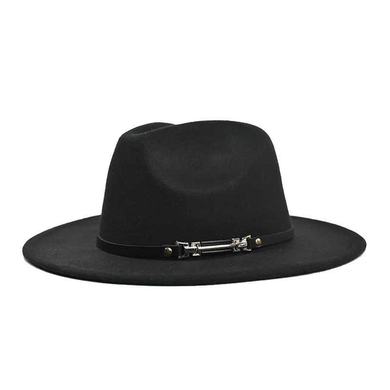 

Women Man Four Seasons Flat-brim Woolen Top Hat, Metal Fashion Belt, Large-brimmed Felt Hat, Plain Weave Top Hat