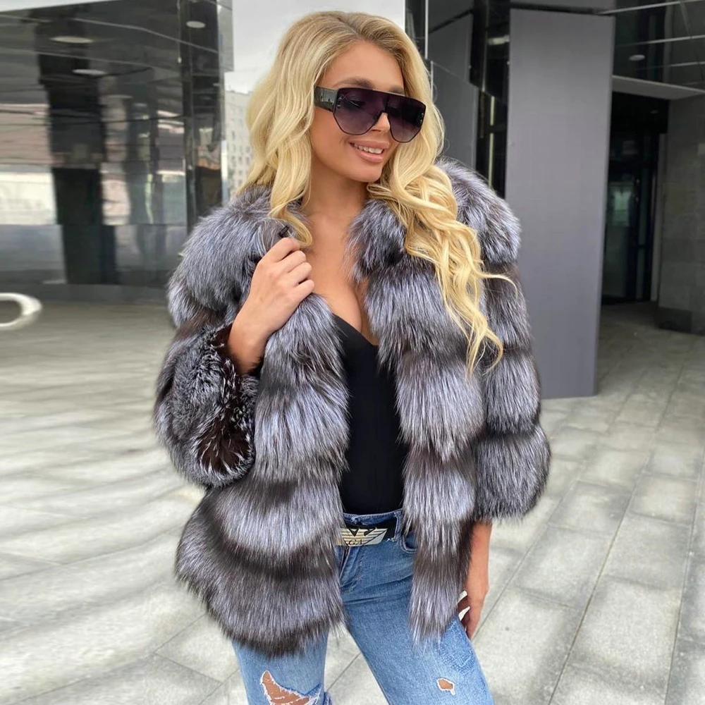 Women's Winter Real Silver Fox Fur Jacket O-neck Thick Warm Fashion Woman Genuine Whole Skin Fox Fur Coat Outwear Luxury Female