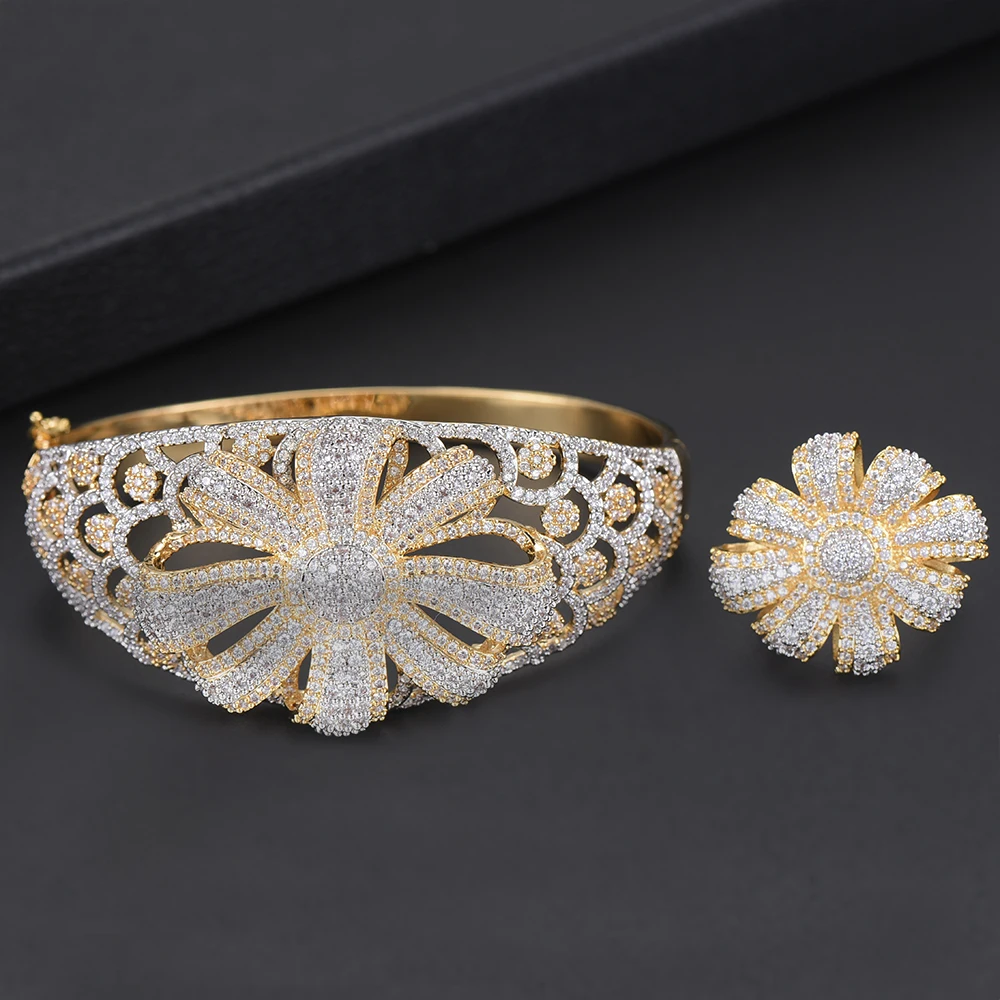 

Роскошный комплект LARRAURI из нигерийского браслета и кольца с геометрическим рисунком, комплект ювелирных изделий из Дубая для женщин, Сваде...