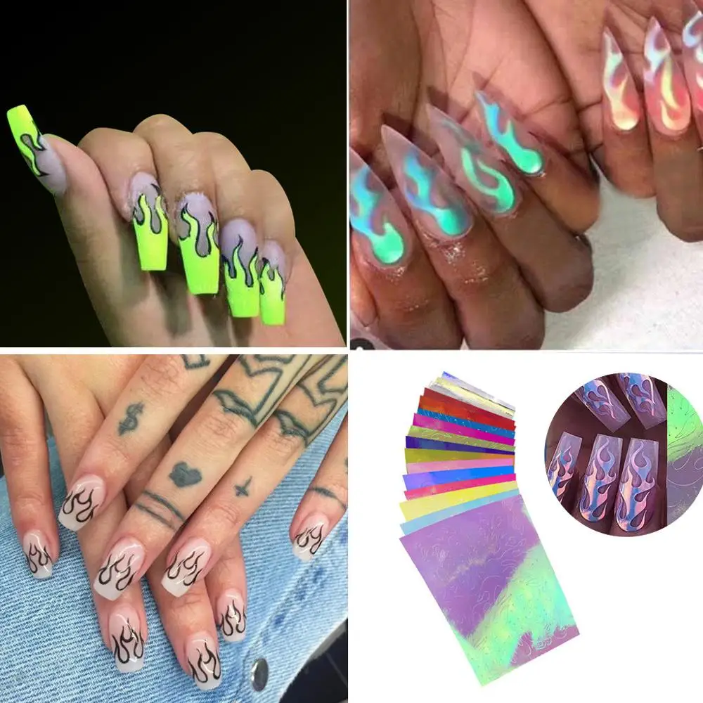 16pcs 16 штук наклейка с пламенем наклейки для ногтей отражающая лента клейкая пленка для украшения своими руками светоотражающие наклейки на ногти - Цвет: 16pcs