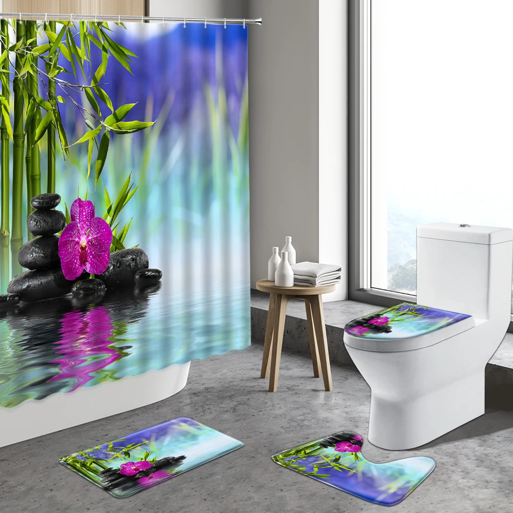 

Zens Shower Curtain Green Bamboo Zen Flower Decor Orchid Curtains Wood Texture Bathroom Decor Set Non-slip Rug Toilet Bath Mats