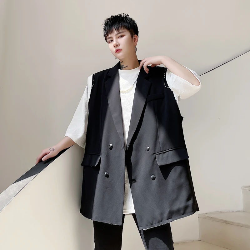 

Летняя одежда Корейский индивидуальный дизайн разных цветов швейный дизайн корейская мода мужской свободный двубортный жилет Парикмахерс...