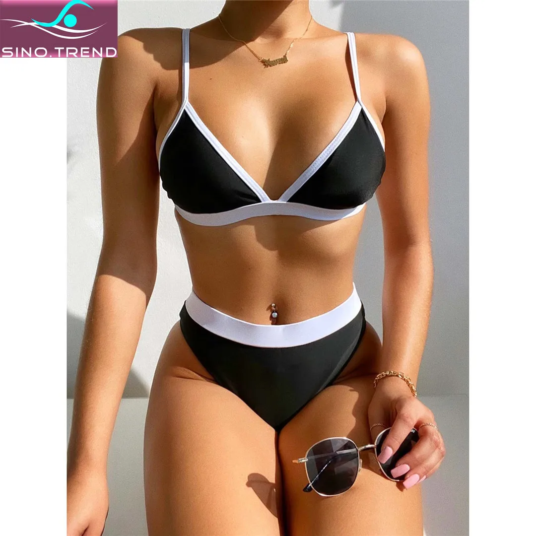 

SINO.TREND Black White Splicing Female Swimsuit High Waist Triangle Bra Bikini Set Women Swimwear 2-pcs Bathing Suit Swim Lady