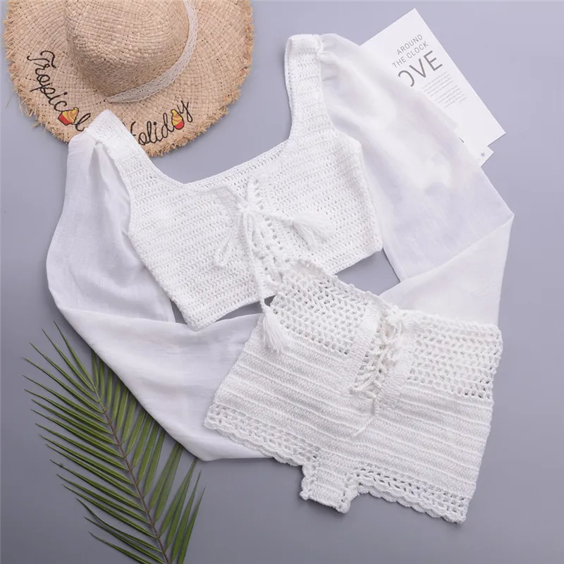 Сексуальный женский комплект бикини с высокой талией вязаный купальник короткий