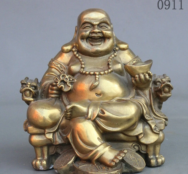 

16x15x13 cm Chinese Brass Wealth Fu Sit Dragon Chair Happy Laughing Maitreya Buddha Statue