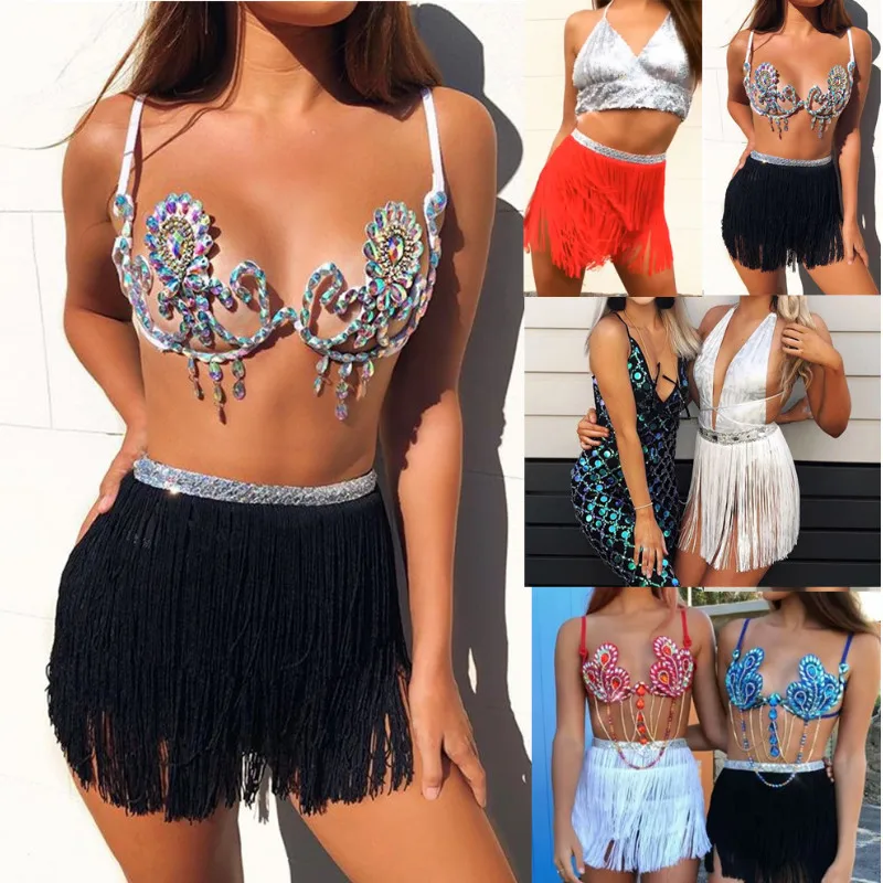 

Sexy Luxury Crystal Rhinestones Tassel Mini Skirts Women Diamond Sparkle Sexy Women High Waist Night Club Party Fashion Skirt