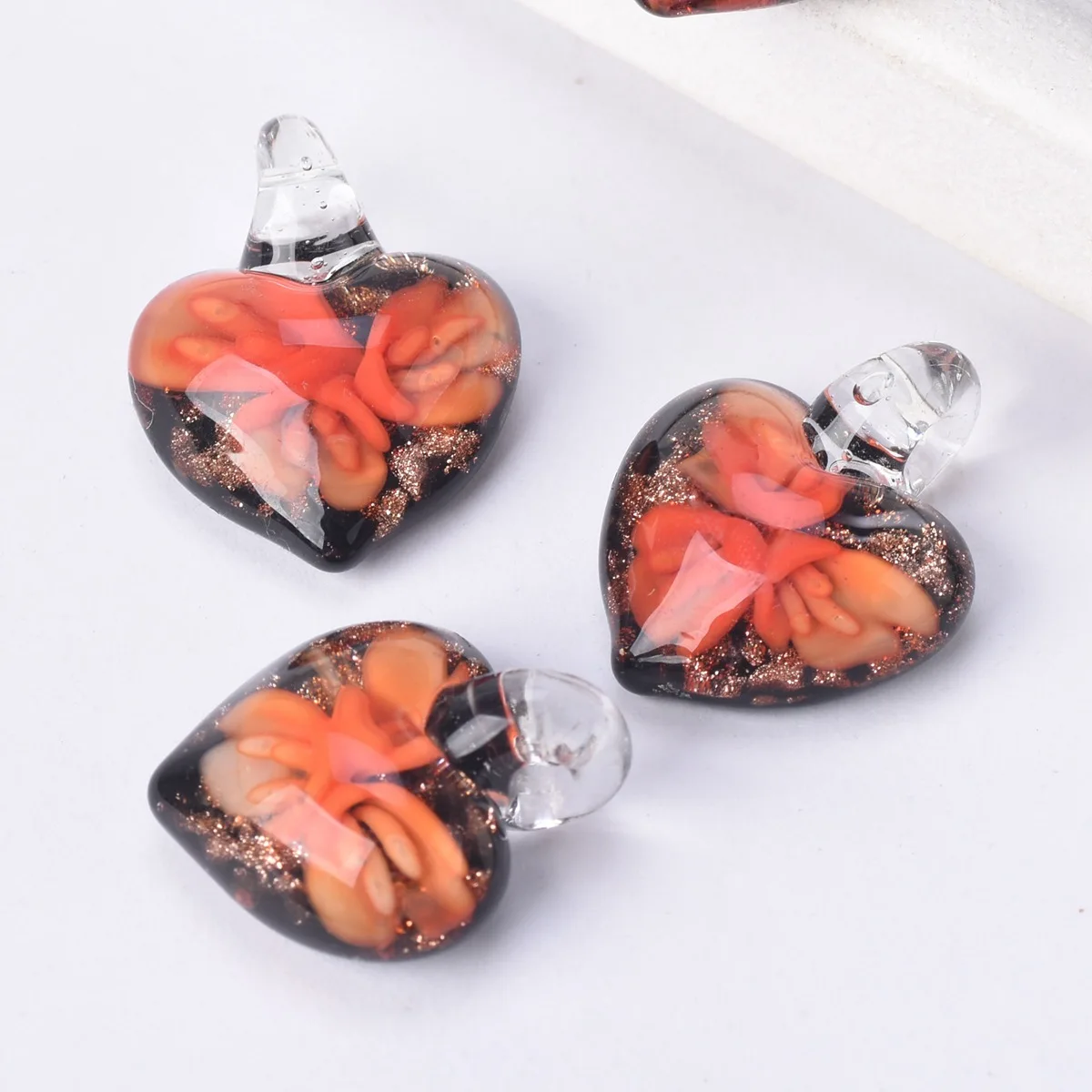 

3pcs 20mm Heart Shape Orange Flower Handmade Lampwork Glass Pendants for Jewelry Necklace Making DIY Crafts Findings