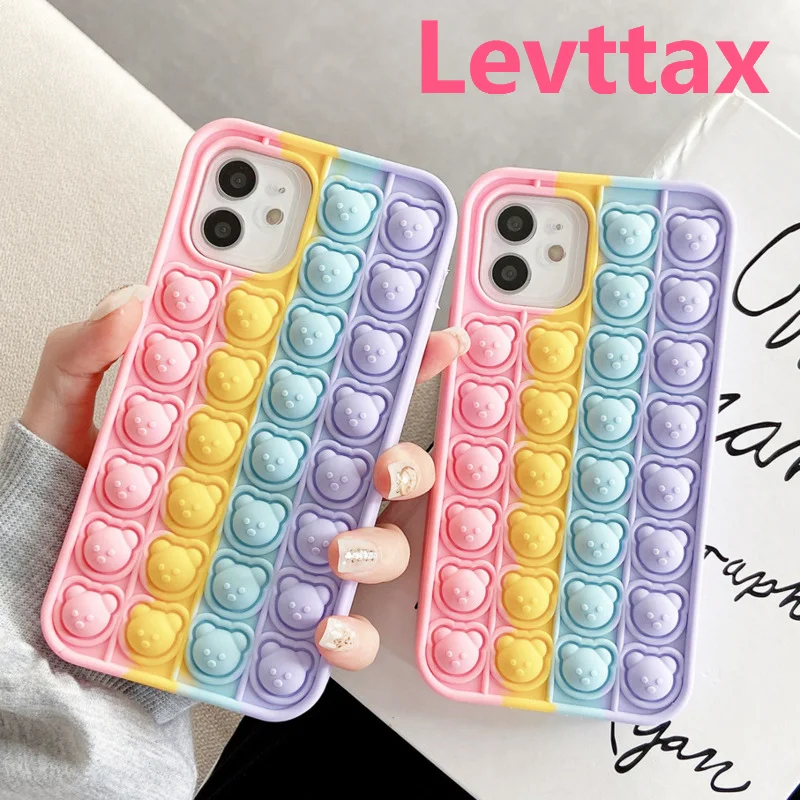 

Pop Fidget Toys Bubble Silicone Soft Case For iPhone 12mini 11pro max Cartoon Rainbow Bear Cover for iphone 6 7 8 Plus X XR XS