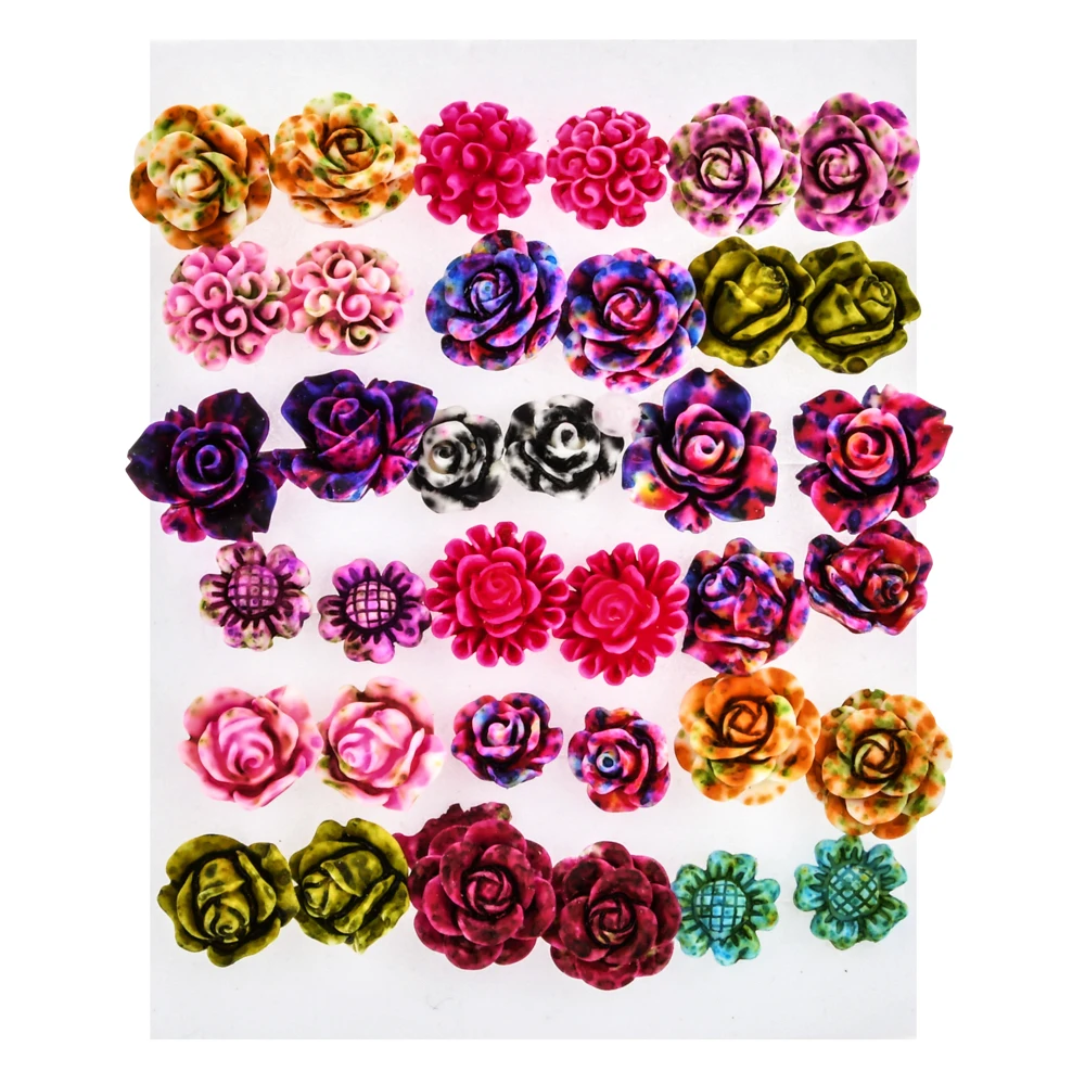 Женские серьги гвоздики с цветными розами 18 пар/компл. разноцветные полимерные