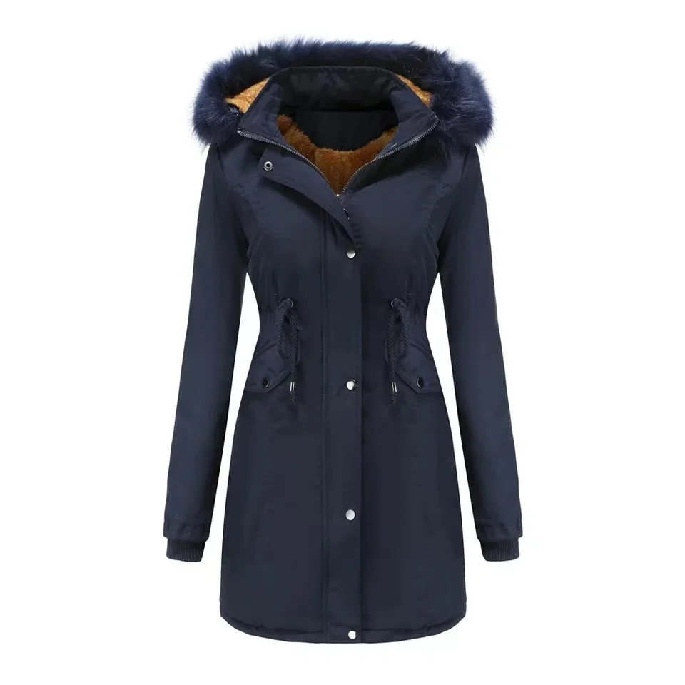 Winter Women's Warm Cotton-padded Jacket Thick Cotton Plus Velvet Padded Jacket with Detachable Cap and Large Fur Collar Coat