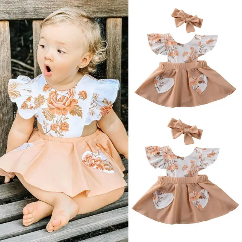 

2020 New Newborn Baby Girls Floral Dress Butterfly Sleeve Tutu Dress+Headband Outfits 2Pcs Summer Flower Dress Sundress 0-18M
