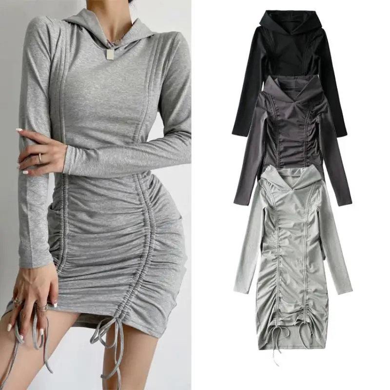 

Hoodie Sweater Dress Temperament Commuting Casual Style Drawstring Folds Early Autumn Cotton Women Slim Slimming Hip Skirt