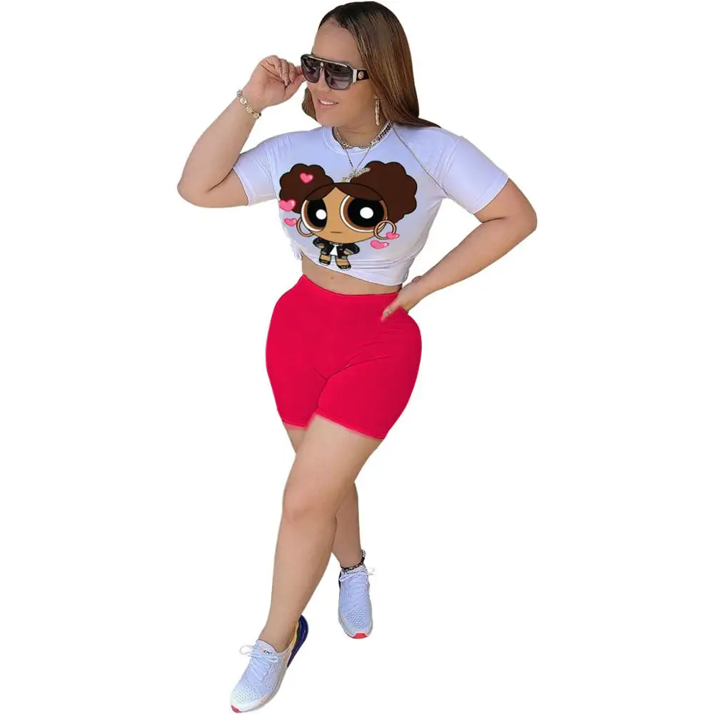 

Adogirl Comic Cartoon Print Two Pieces Set Tracksuits Crop Top And Solid Shorts Matching Set Casual Streetwear Sport Outfits