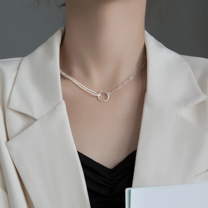 

S925 silver Baroque small pearl necklace female Japanese simple ring asymmetric clavicle chain
