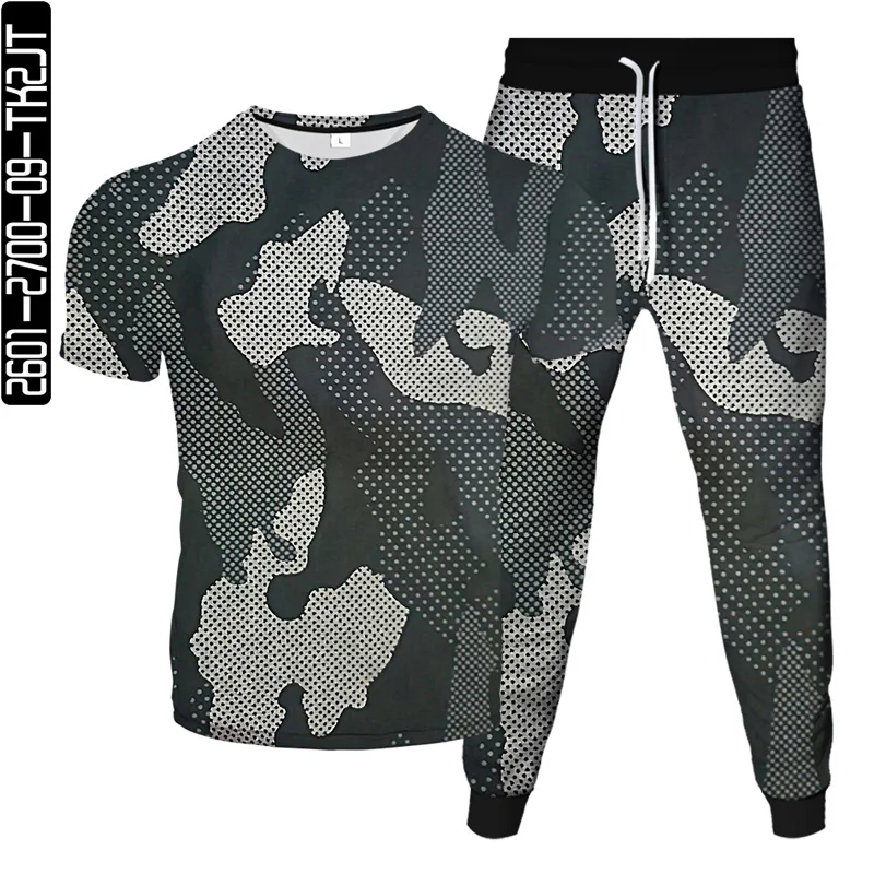

2021 latest 3D colorful printing casual sports O-neck T-shirt + fashion trend lace sports pants summer two-piece S-6XL