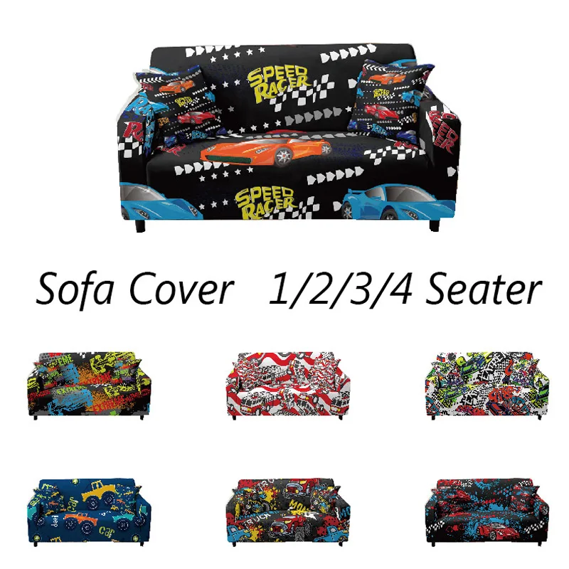 

Cartoon Car Pattern Elastic Sofa Cover Racing Car Stretch Couch Cover Sectional Silpcover All-inclusive Sofa Protector