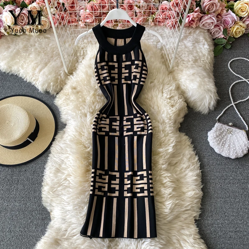 

Женское трикотажное платье YuooMuoo, летнее облегающее платье в европейском стиле с лямкой на шее, без рукавов, 2021