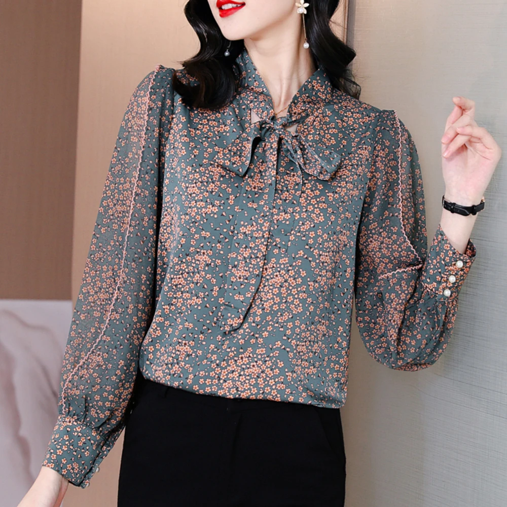 

Ladies Printed Chiffon Shirts 2022 Autumn Winter Korean Fashion Stand-Up Collar Bow-Tie Lantern Sleeve Blouse Vintage Tops Woman